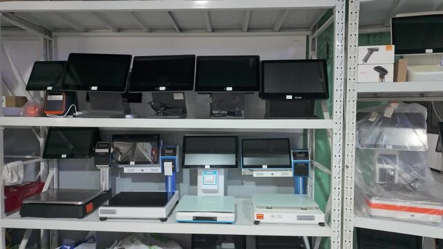 Electronic scales and cash register devices on shelves