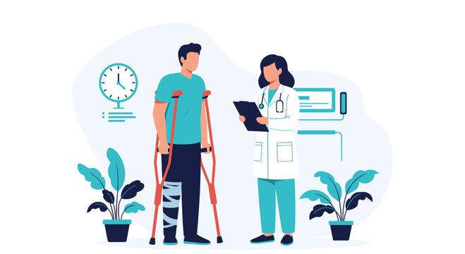 Medical professional examining a patient with a broken leg in a cast using crutches for support in a clinic or hospital setting.