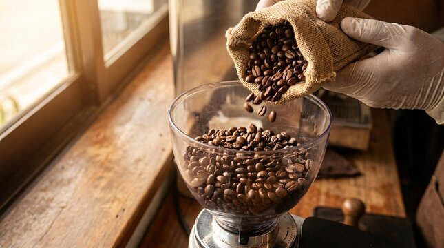 A person pours coffee beans into a grinder near a cafe window indoors.