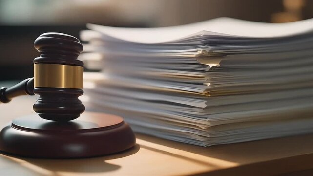 A wooden judge's gavel rests beside a substantial stack of legal documents, symbolizing justice, law, and the diligent process of judicial proceedings and official paperwork