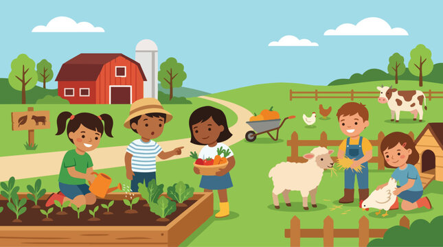 Children Working on a Farm Watering Plants Feeding Sheep and Harvesting Vegetables Learning About Agriculture