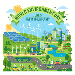 Fototapeta premium Dynamic illustration of a sustainable city embracing green energy, eco-friendly transport, and vibrant community living