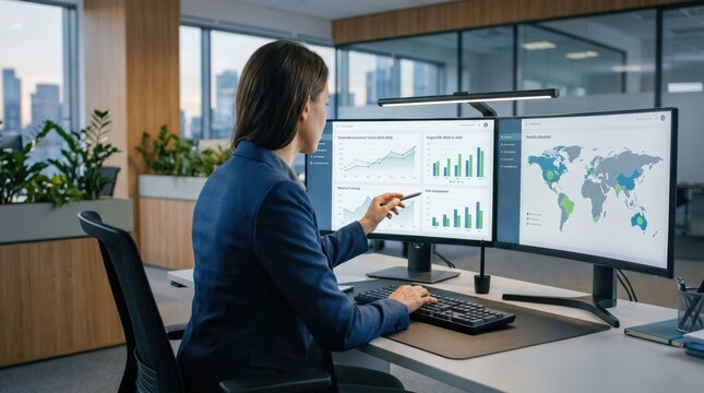 Female analyst working at desk with dual monitors displaying world map and bar charts, using pen to point at data visualization in corporate office.