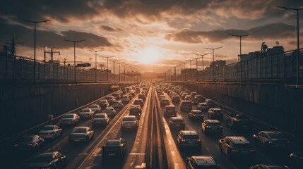 Obraz premium Sunset Over Urban Highway with Heavy Traffic and Dramatic Clouds Creating a Stunning Atmospheric Scene During Evening Commute