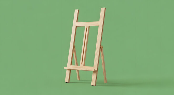 Artist Wooden H-Frame Easel with Adjustable Canvas Support Tray, Crafted from Light Natural Pine Wood, Standing on a Solid Sage Green Background for Studio Art Display and Painting.