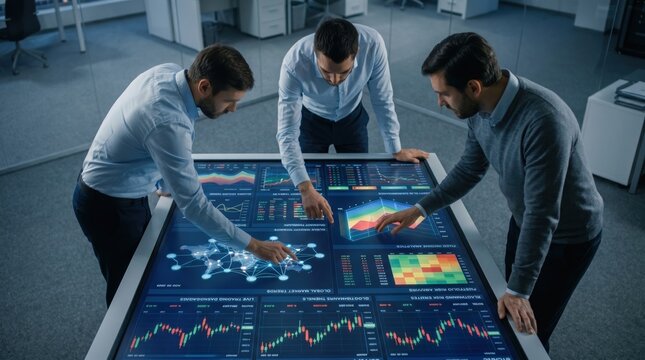 Three businessmen analyzing complex financial data and stock market trends on interactive digital table surface, collaborative teamwork in high tech trading floor or investment
