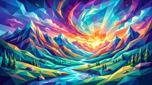 Vivid geometric landscape depicting a stylized mountain valley with a flowing river colorful sunset sky lush green trees and detailed textured terrain in a modern abstract style
