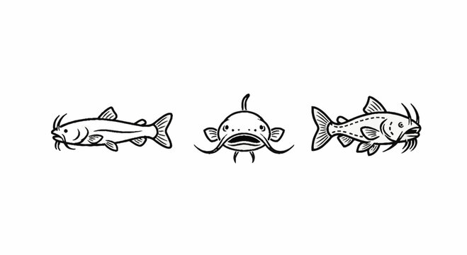 Catfish line art illustrations from different perspectives