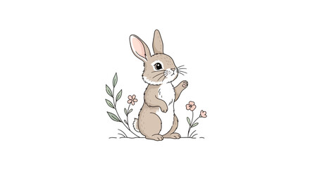 Obraz premium Cute Bunny Waving Hello Among Flowers and Greenery