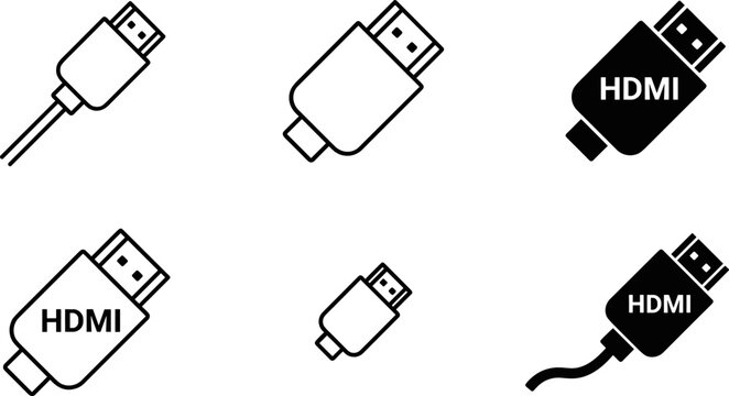 Digital Video Audio HDMI Cable and Port Connector Icon Set with Wire Connection Symbols for Multimedia Device Screen and Television Interface Designs