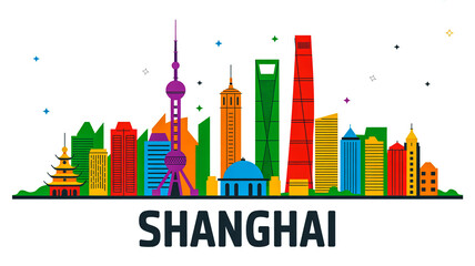 Fototapeta premium A stylized vector illustration of the Shanghai cityscape at night with colorful buildings and towers