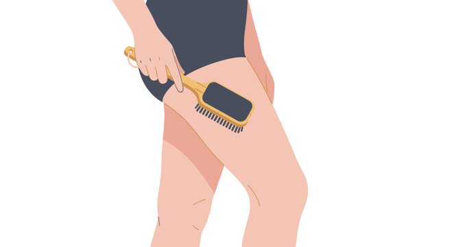 Dry brushing thigh with yellow brush, skincare routine, body care, cellulite treatment, exfoliation