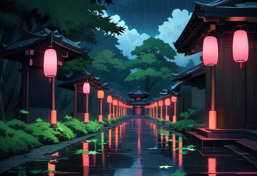 夜の神社・寺院の参道と提灯