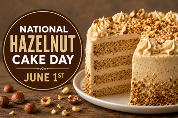 National Hazelnut Cake Day June 1st Text badge with Sliced Gourmet Cake