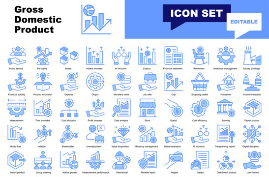 Gross domestic product icon set. Vector icons for GDP, Public service, Per capita, Boxes, Market increase, All inclusive, Surplus, Financial, Retirement, Workforce, Factory