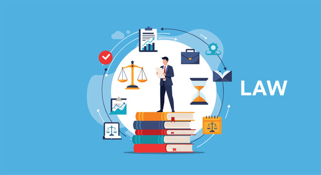 Professional lawyer stands on a stack of legal books surrounded by icons of justice, time, and law documents against a blue background.