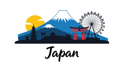 Naklejka premium Japan travel illustration featuring iconic landmarks including Mount Fuji, torii gate, pagoda, and a ferris wheel at sunset.