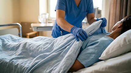 Obraz premium Nurse in Blue Scrubs and Gloves Caring for Patient in Hospital Bed