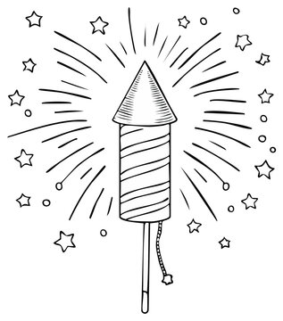 Black and white hand drawn firework rocket exploding with stars for celebrations