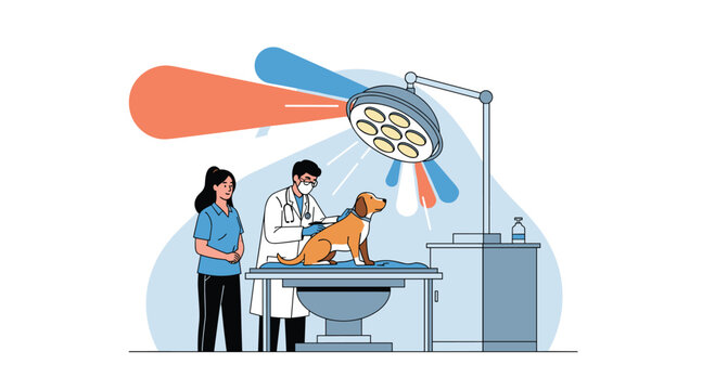Male veterinarian examining a healthy dog on a clinic table while a woman owner watches under professional surgical lights.