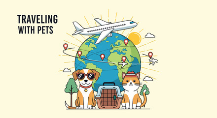 Fototapeta premium Global pet travel concept featuring a cat and dog in front of planet earth with an airplane and route markers on a map.