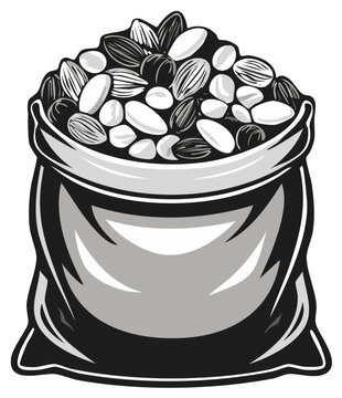 Bag overflowing with assorted nuts, almonds, walnuts, hazelnuts, healthy snack illustration