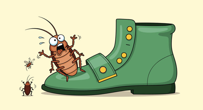 Comical illustration shows a frightened cockroach standing on a large green leather boot while other small insects scurry around on the floor.