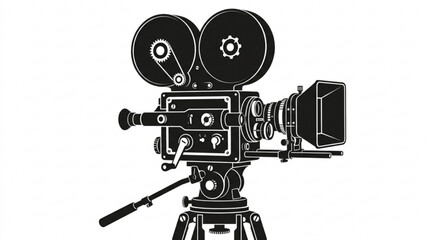 Fototapeta premium Vintage retro movie camera 3D robotic metal equipment isolated photography film lens tripod machine futuristic digital design