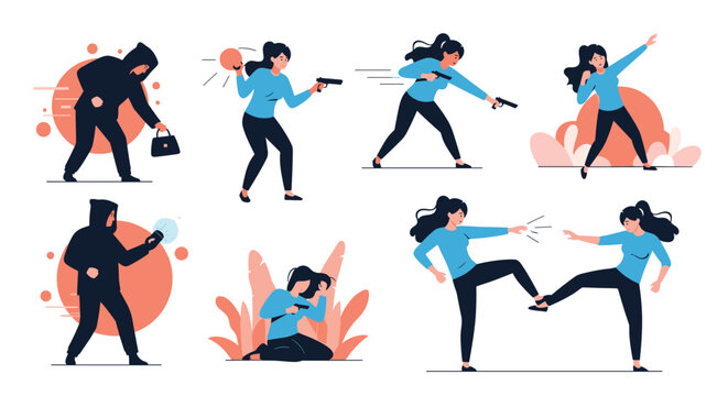 Series of illustrations showing woman in blue shirt practicing various self-defense techniques and fighting off attacker in black hoodie.