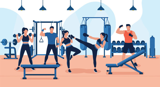Group of people working out in modern gym facility using weights, boxing bags, and equipment for fitness and strength training.