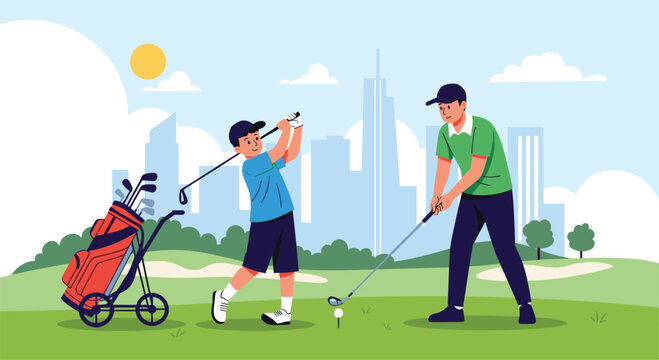 Professional golfer teaching his young son how to swing a golf club on a green field with a city skyline background.