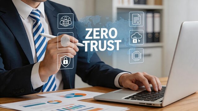 Zero trust security concept displayed on laptop screen with icons for fingerprint, shield, and cloud, representing cybersecurity, data protection, identity verification, and