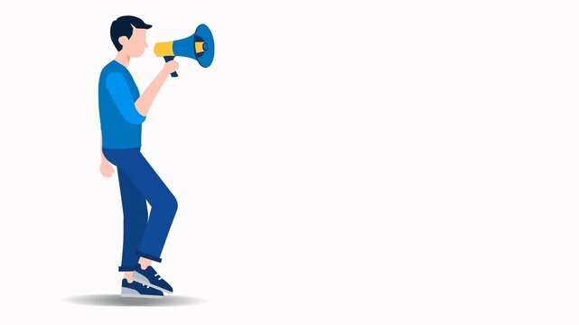 A man walking while holding a megaphone isolated on white background