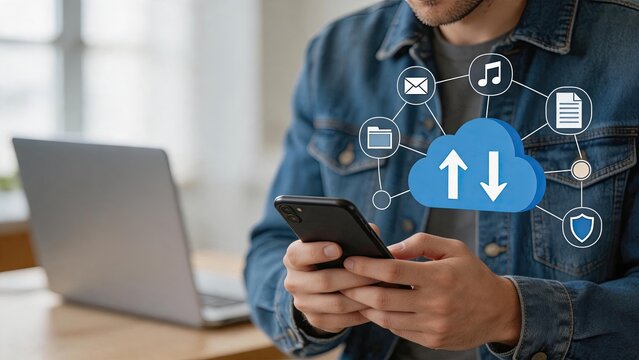 Man using smartphone with cloud computing icons, data storage sync, file sharing network, online backup system, wireless connection, digital lifestyle, internet of things,