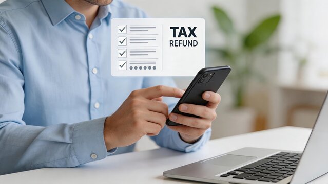 Businessman using smartphone to check tax refund status with digital checklist hologram interface, online accounting concept
