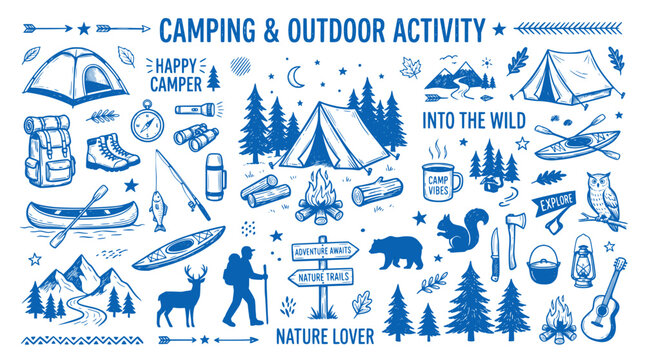 Camping and outdoor activity hand drawn doodle set