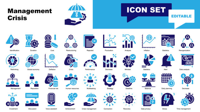 Management Crisis icon set. Vector icons for Crisis Management, Cost, Fluctuation, Analysis, Inflation, Statistics, Reorganization, Global economy, Deflation, Crisis, Decrease, Statistics