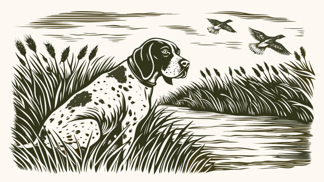Spotted dog in reeds woodcut style hunting illustration