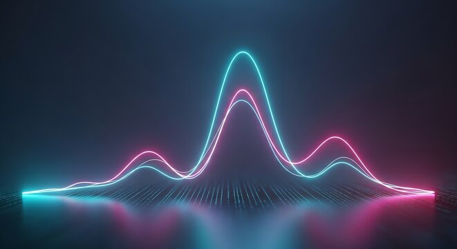 Futuristic neon waveform visualizer with vibrant cyan and pink glowing lines on dark grid background, abstract data science technology concept