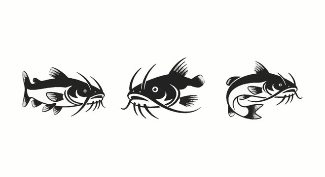 Three catfish silhouettes in black brush stroke style