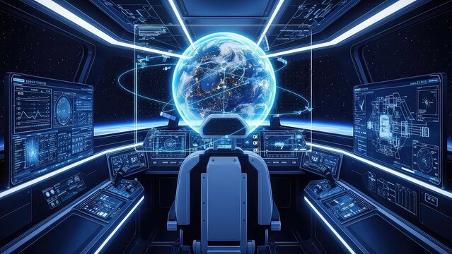 Futuristic control room with glowing blue earth on screens and sleek chair in a high tech command center environment with neon lights