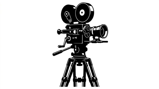 Vintage old film camera and film projector equipment on tripod, isolated studio photography, cinema technology, retro metal camera with lens