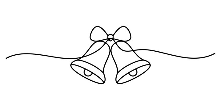 Continuous line drawing of two christmas bells with a bow