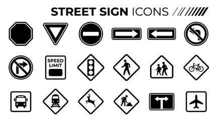 A collection of various traffic and street sign icons, including stop, yield, speed limit, and pedestrian symbols. © MstSomaya