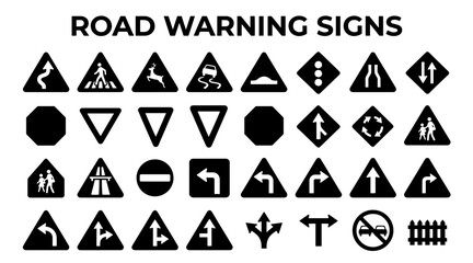 A comprehensive set of black and white road warning signs and traffic symbols arranged in rows on a clean white background. © MstSomaya