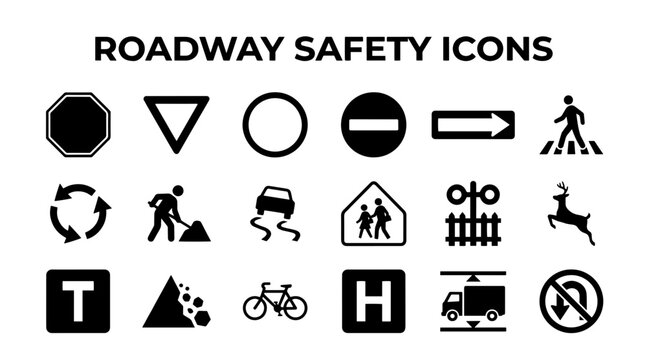 A diverse set of vector icons representing various road safety signs, traffic regulations, and hazard warnings.
