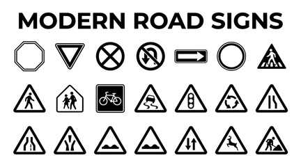 A collection of modern, black and white icons representing various road signs for traffic, safety, and information. © MstSomaya