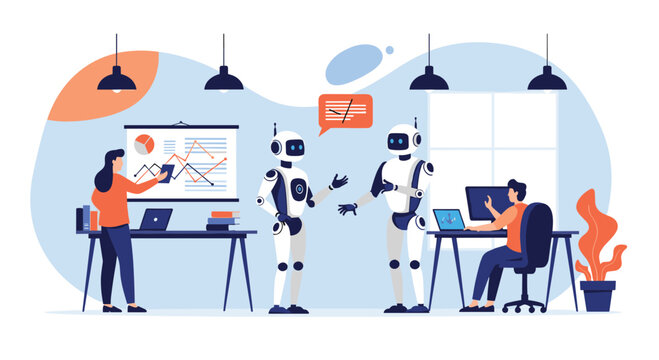Advanced humanoid robots communicating in a modern office environment while human employees work on their tasks nearby.