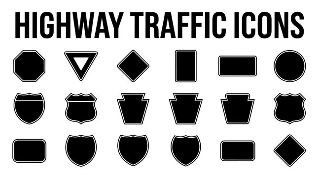 A set of various black highway traffic sign icons, including stop signs, yield signs, and route markers, presented on a white background.