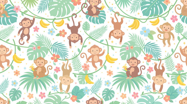 Cute Monkeys in Jungle Pattern - Tropical Animals Flat Vector Illustration for Kids and Nature Themes